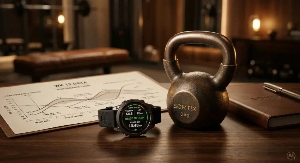 Nahaufnahme einer Fitness-Smartwatch mit Leistungsdaten, einer edlen SOMT!X Kettlebell und eines Trainingsplans als Symbol für professionelles Personal Training.