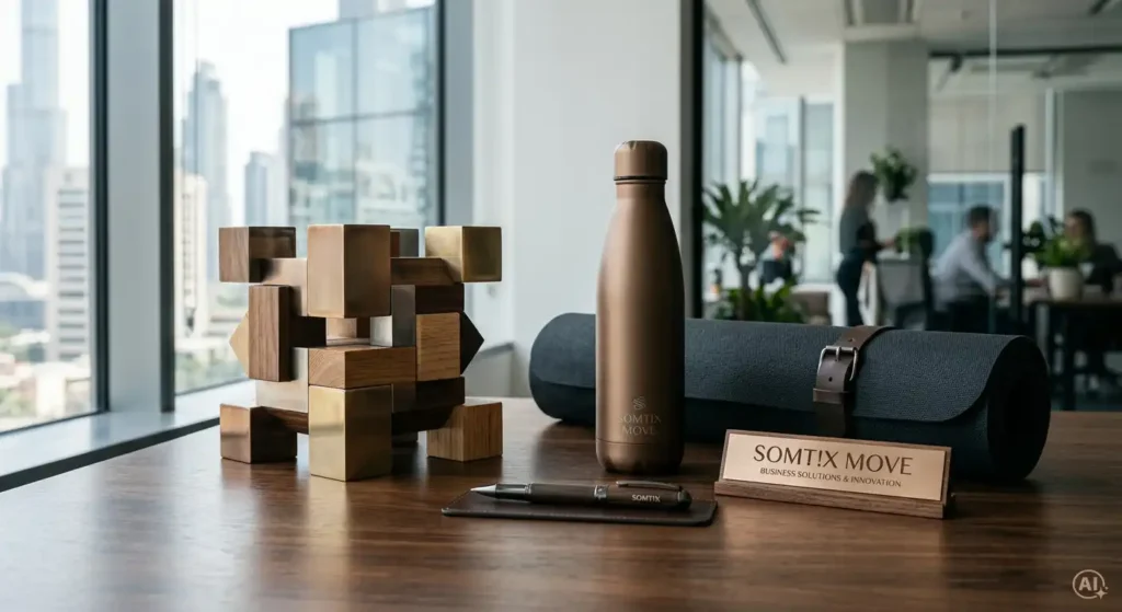 Schreibtisch in einem modernen Büro mit edler Trinkflasche, gerollter Yogamatte und SOMT!X MOVE Schild als Symbol für ganzheitliche Firmenfitness.