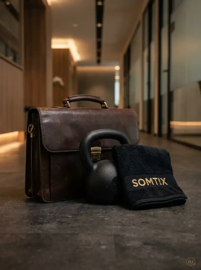 Hochwertige Ledertasche, Kettlebell und SOMT!X-Handtuch in einem modernen Büroflur als Symbol für exklusive Firmenfitness.