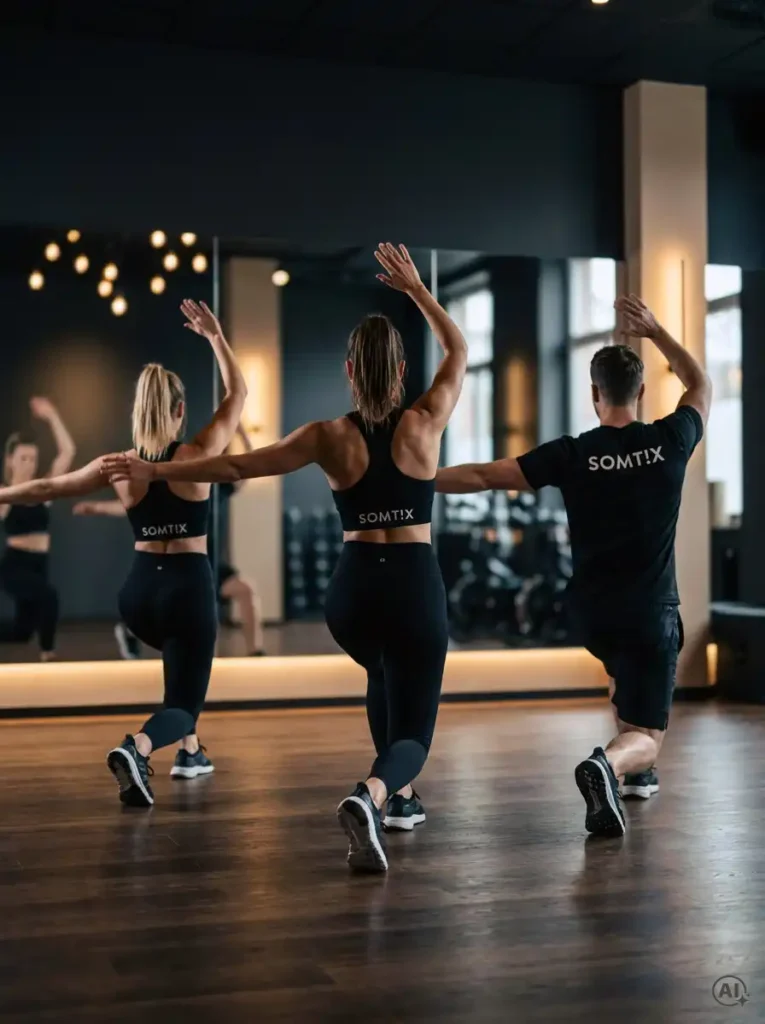 Drei sportliche Teilnehmer in synchroner Bewegung bei einem dynamischen Kurs-Training im Premium-Fitnessstudio.