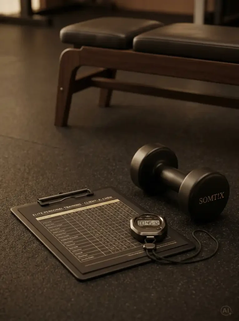 Detaillierter Trainingsplan auf einem Klemmbrett, Stoppuhr und eine edle SOMT!X-Hantel für maßgeschneidertes 1:1 Personal Training.